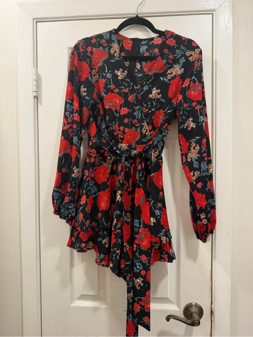 Black Floral Wrap Romper with Red Blooms
